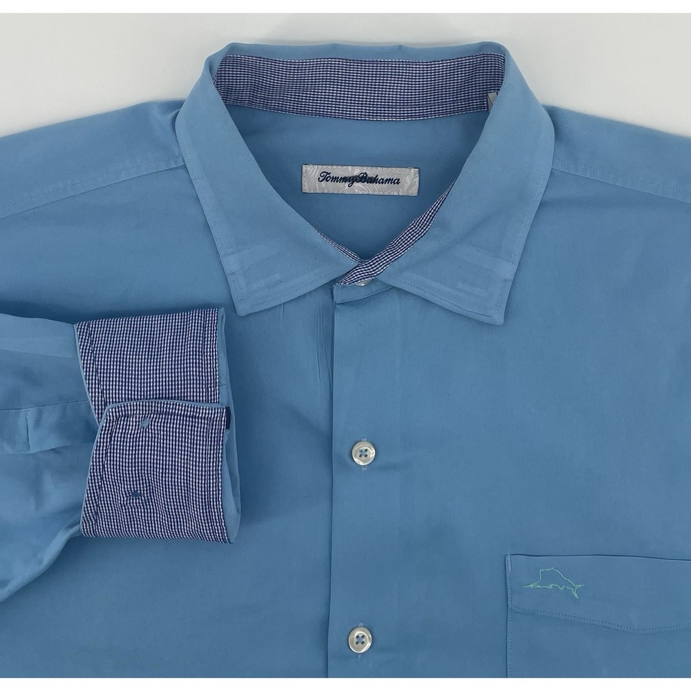 Tommy Bahama Button Down Men L Blue Cotton Silk Blend Stretch Long Sleeve Preppy